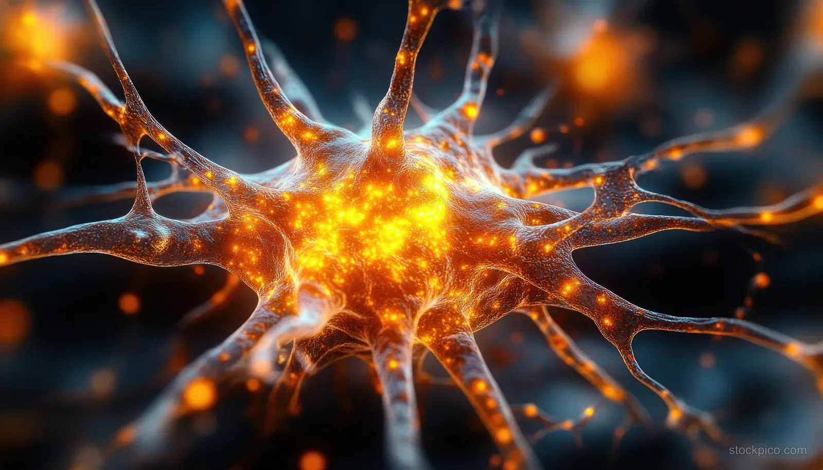 Glowing neuron branches with orange synapses radiate signals across a dark microscopic background.
