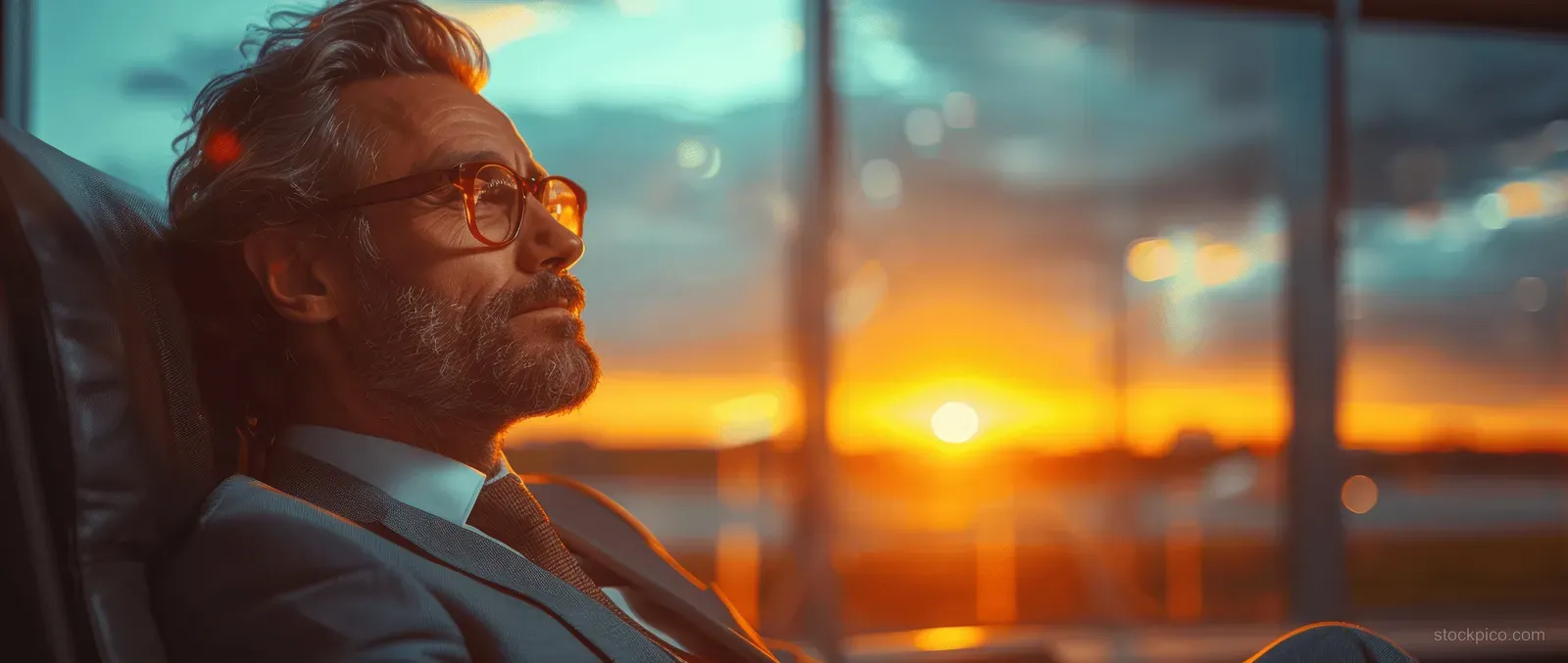 A suited businessman sits in an airport lounge, silhouetted as sunset light fills the window view.
