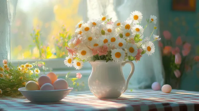 White daisy bouquet in a ceramic pitcher on a checkered table beside pastel eggs, illuminated by morning window light.