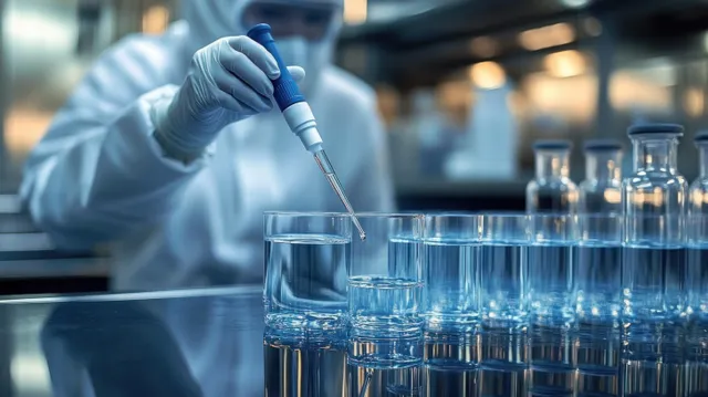 Scientist wearing gloves pipettes transparent liquid into a glass beaker beside aligned lab vials on a bench.