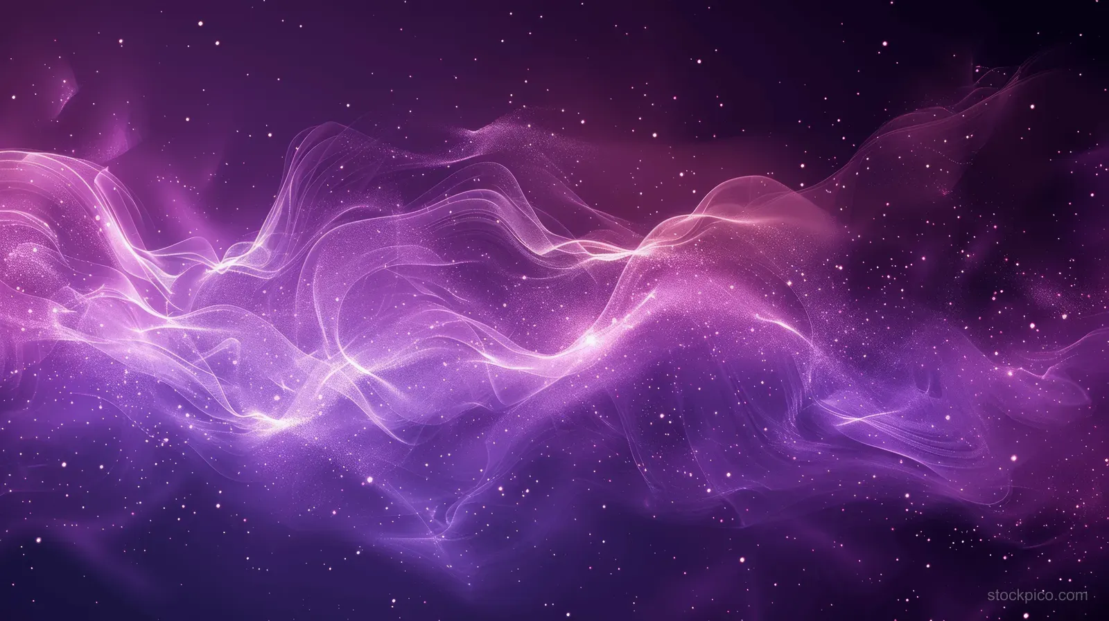 Purple cosmic background with glowing star particles, swirling smoke waves, and luminous haze.