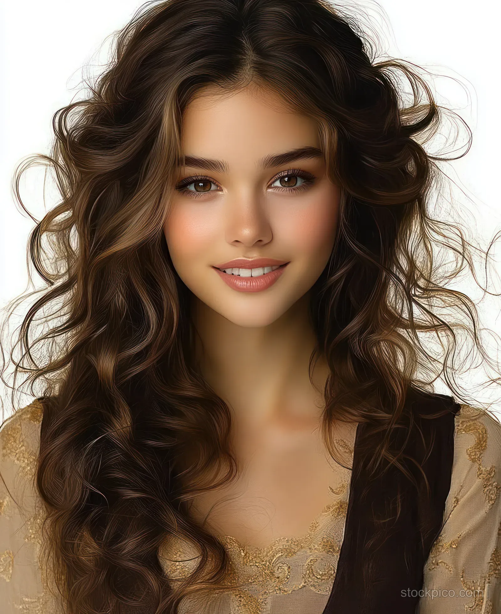 Young woman with long curly brown hair smiles warmly in a lace-trimmed brown dress against a white background.