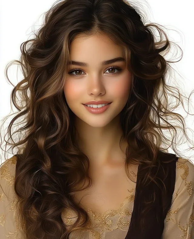 Smiling young woman with long curly brown hair in a lace-trimmed brown dress