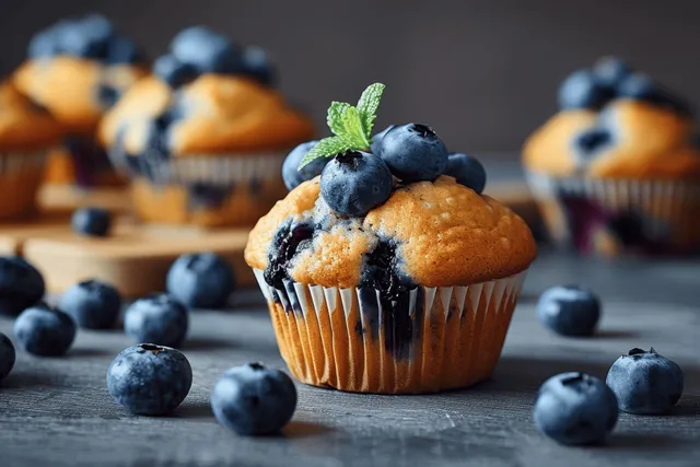 Blueberry muffin on wooden table with fresh blueberries and soft natural light