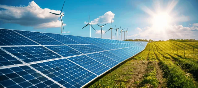 Solar panel rows and wind turbines stand on a green field under a bright blue sky with clouds.