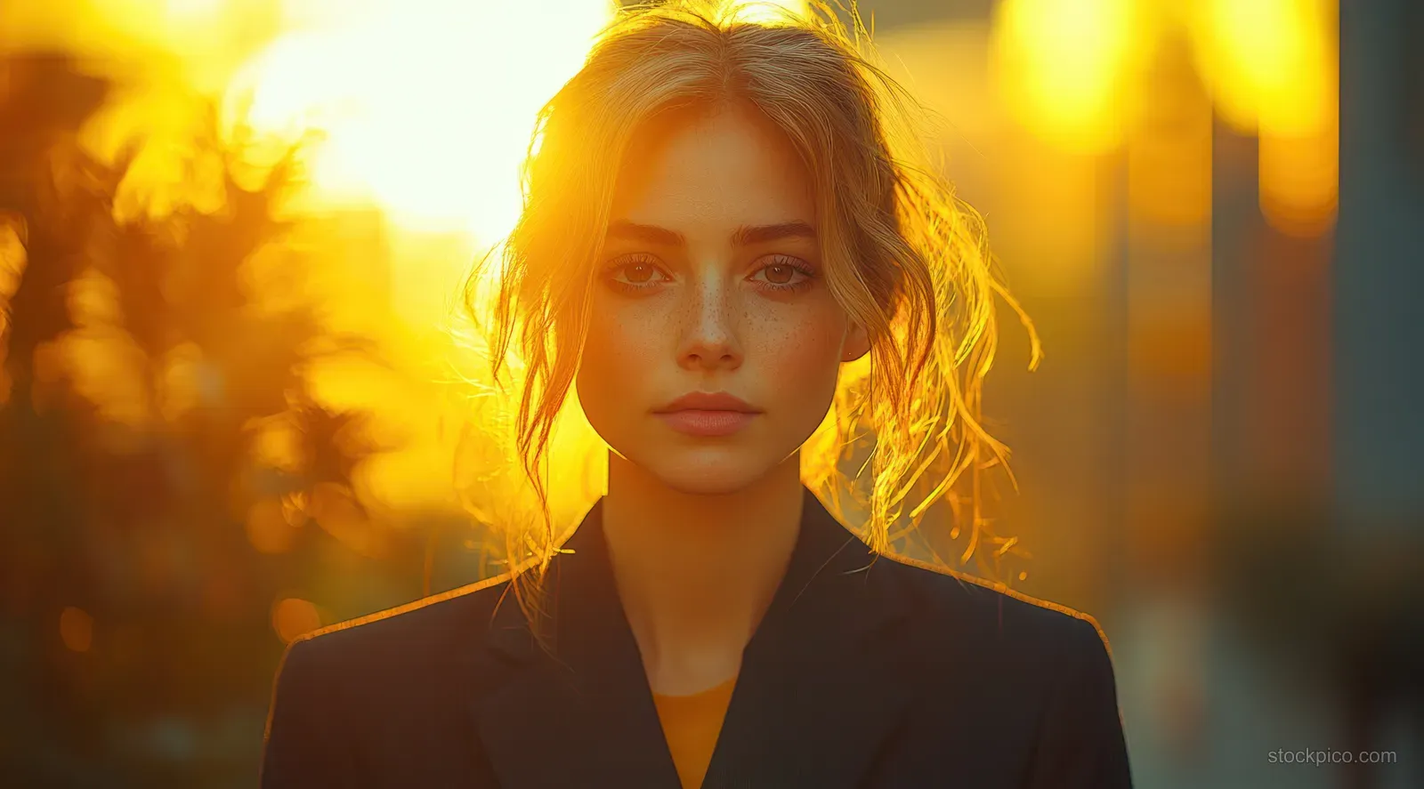 A businesswoman in a suit walks toward the camera under golden-hour sunset light with glowing city lights behind.
