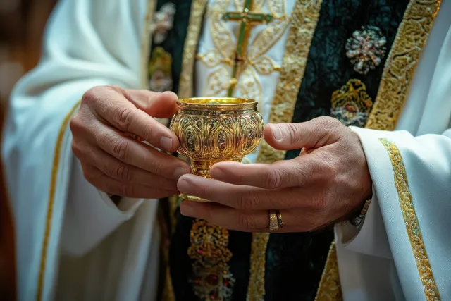 Close-up of a priest holding an ornate golden chalice with hands visible against embroidered ceremonial vestments.
