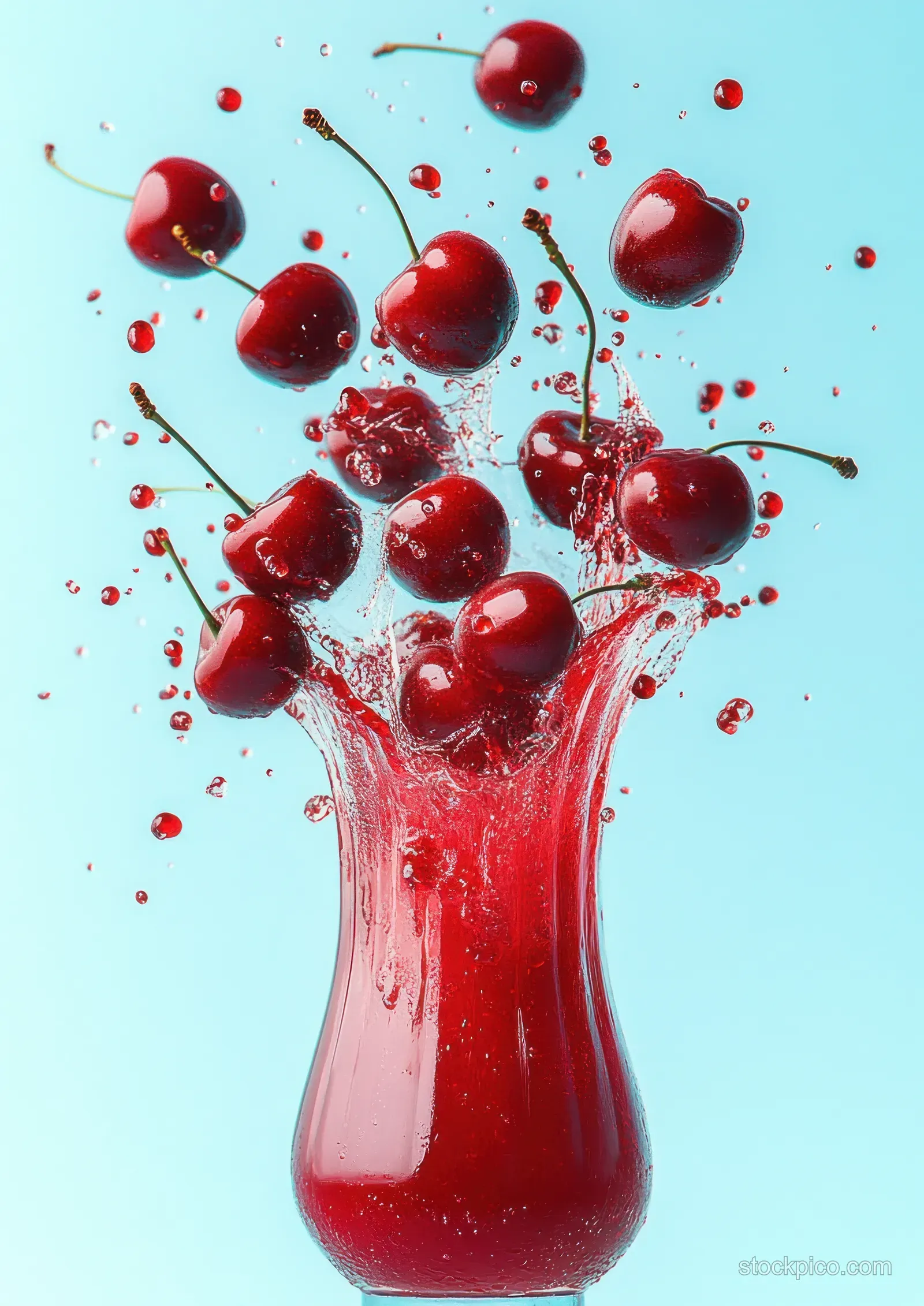 Cherry juice splashes upward from a glass with flying cherries and scattered droplets over a blue background.