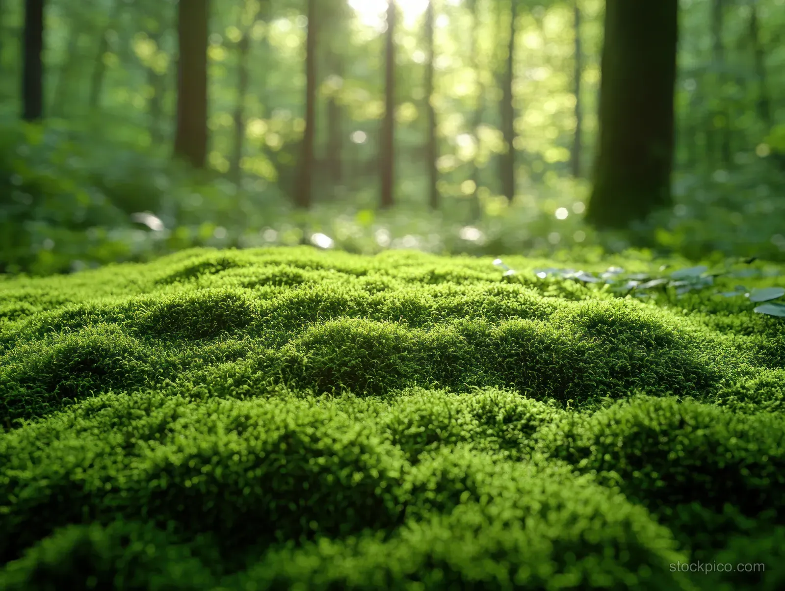 Bright green moss covers the forest floor with soft sunlight and blurred trees behind it.