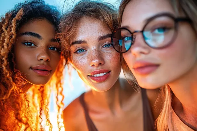 Multicultural friends pose for a close-up selfie with warm city sunlight and smiles