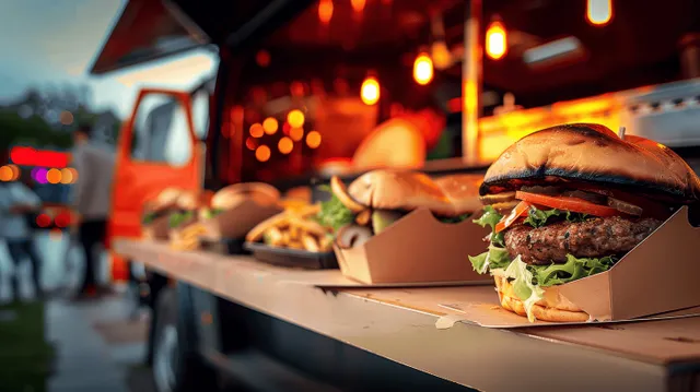 Burger in an open takeaway box on a food truck counter with warm festival lights behind it.