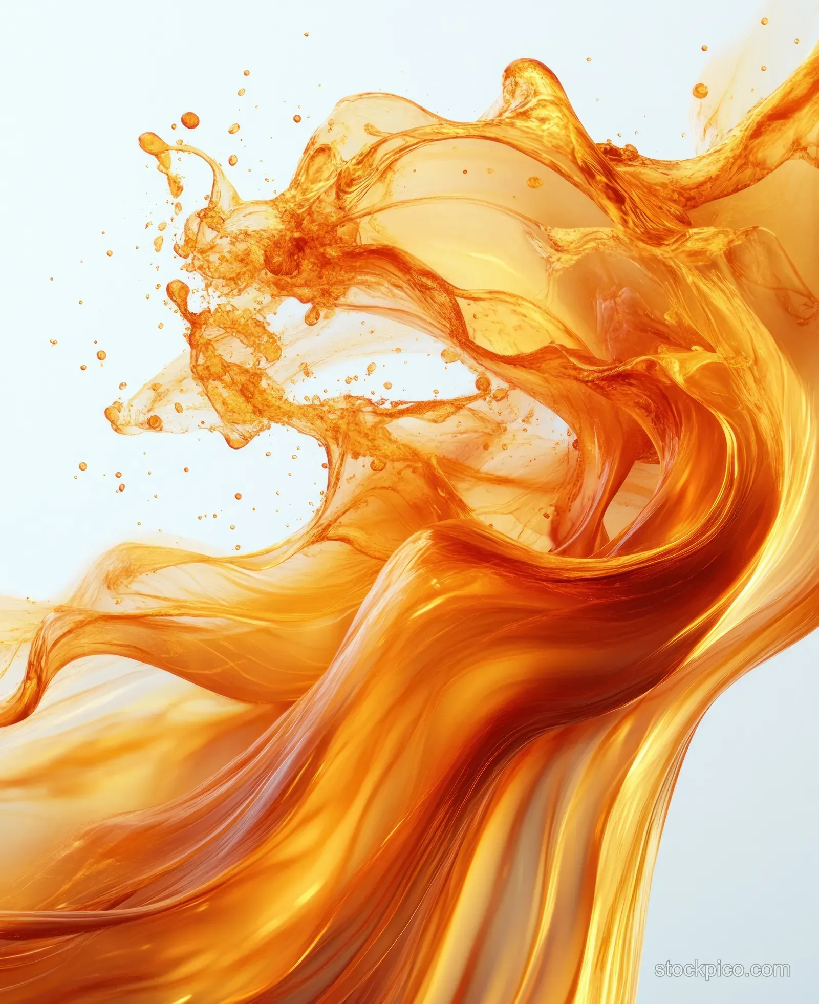 Golden amber liquid forms a swirling splash with droplets on a white background.