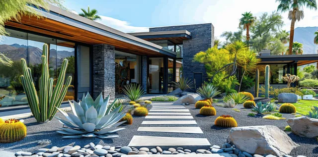 Concrete garden walkway through a desert yard with cacti, black rocks, and modern home walls under palm trees.