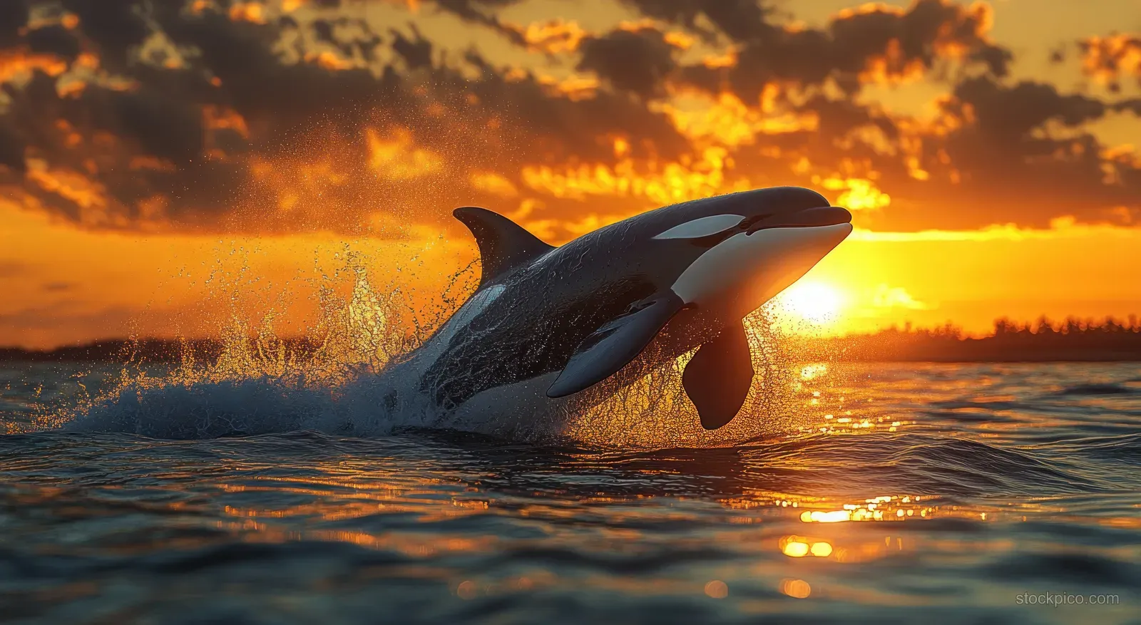 An orca breaching at sunset creates water splashes with snowy mountains silhouetted in the distance.