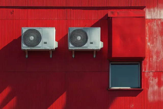 Two gray air conditioning units and a dark window mounted on a red corrugated metal wall with geometric shadows.
