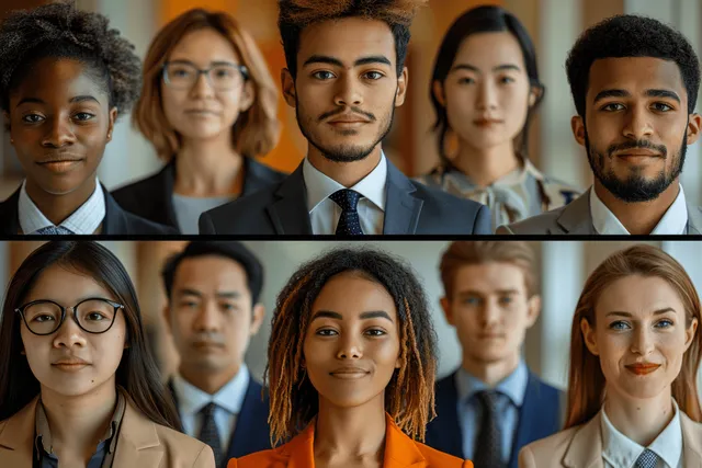 一群身穿西装的多元化年轻专业人士在办公室人像网格中自信摆姿。