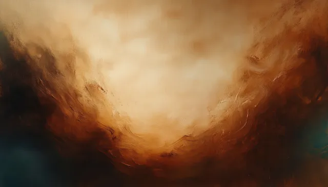Earthy abstract painting with swirling brushstrokes and warm overhead spotlight over a textured, aged parchment background.