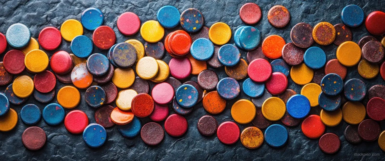 Colorful game tokens scattered on a gray stone background with soft light and visible texture.