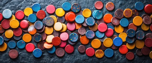 Colorful game tokens scattered on a gray stone background with soft light and visible texture.