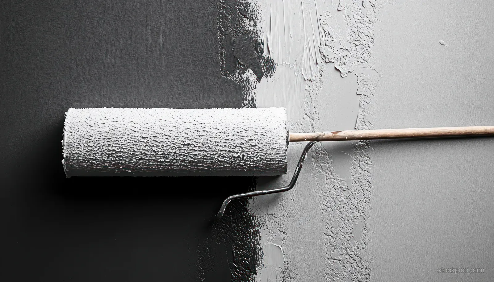 A paint roller spreads white paint across a gray wall, leaving a textured roller pattern with visible contrast.