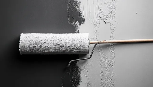 A paint roller spreads white paint across a gray wall, leaving a textured roller pattern with visible contrast.