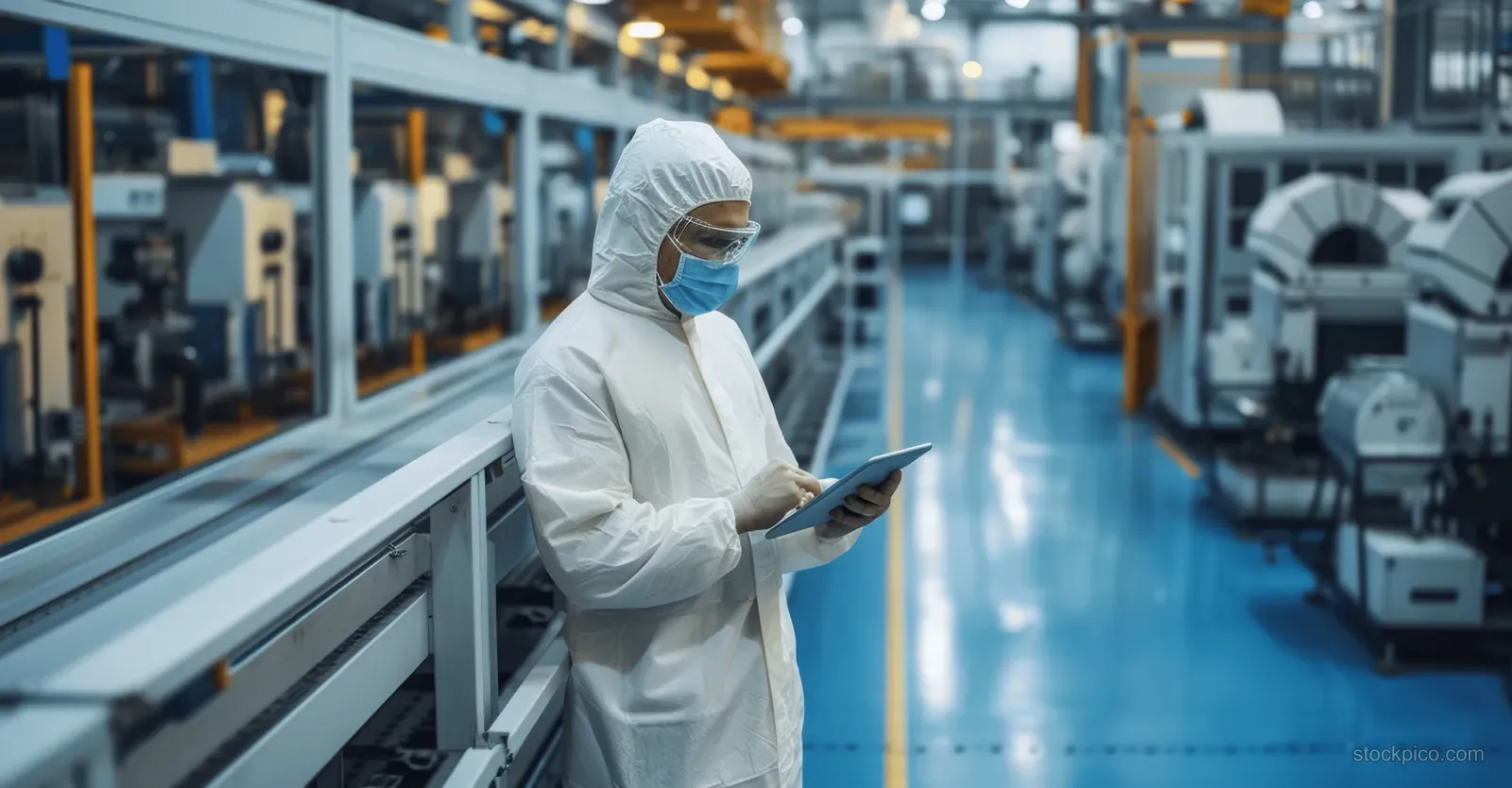 A female engineer in protective gear monitors an automated electronics production line with a tablet in a factory aisle.