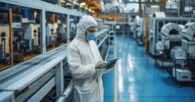 A female engineer in protective gear monitors an automated electronics production line with a tablet in a factory aisle.