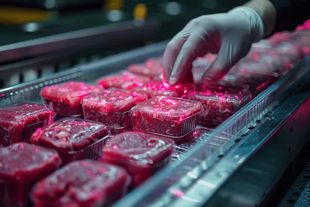 Gloved worker places raw meat trays onto a conveyor belt in an industrial packing line.