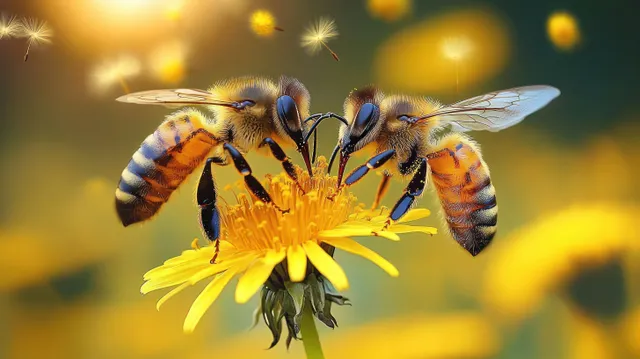 Two bees feed on a yellow flower with pollen-covered bodies in warm sunlight.