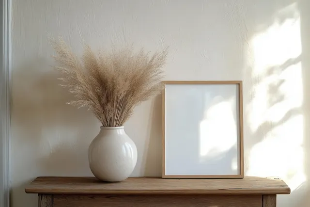 Minimalist wooden table with ceramic pampas vase beside empty picture frame in sunlight
