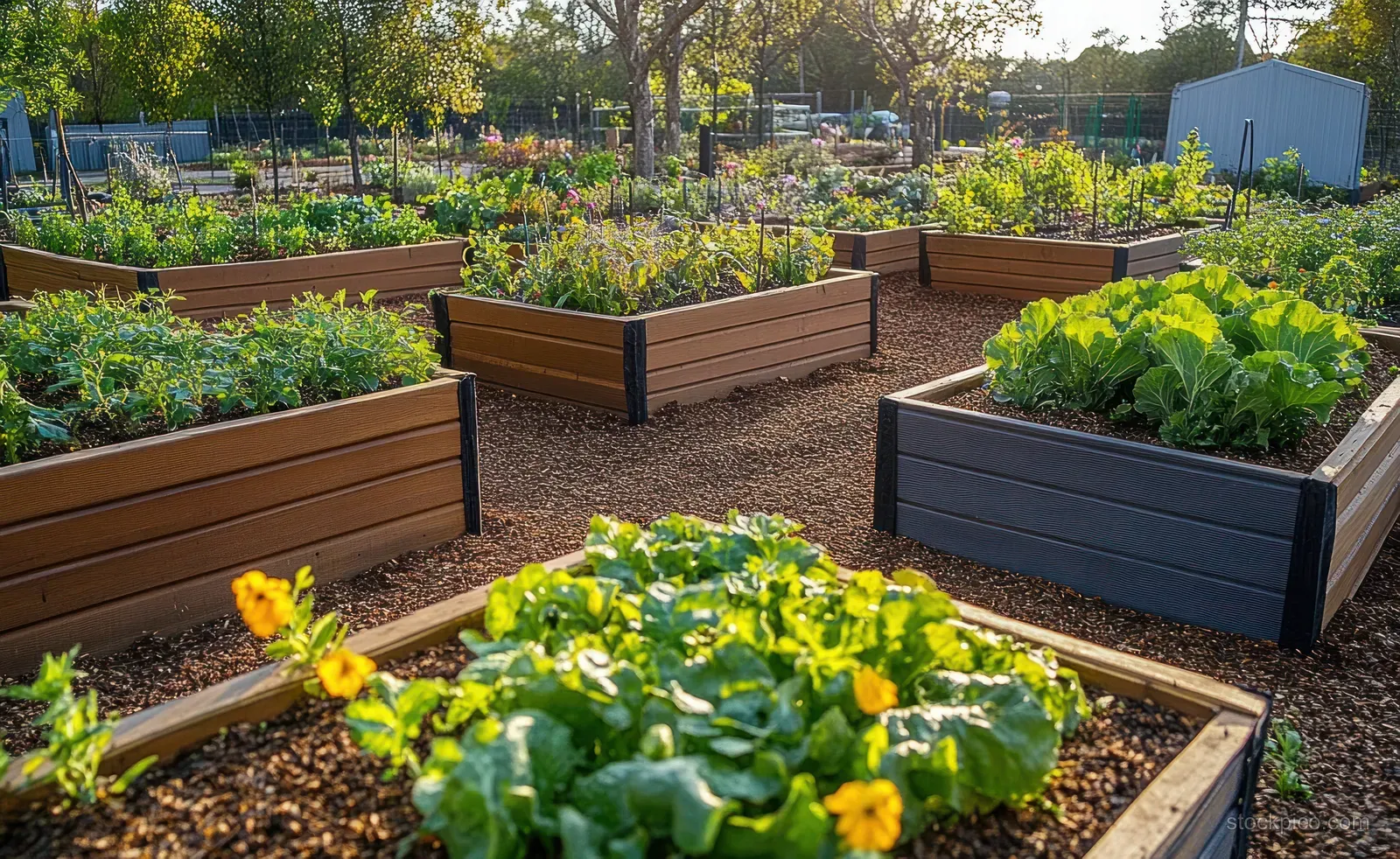 Raised wooden garden beds with leafy greens and blooming flowers along a sunny outdoor community garden path.