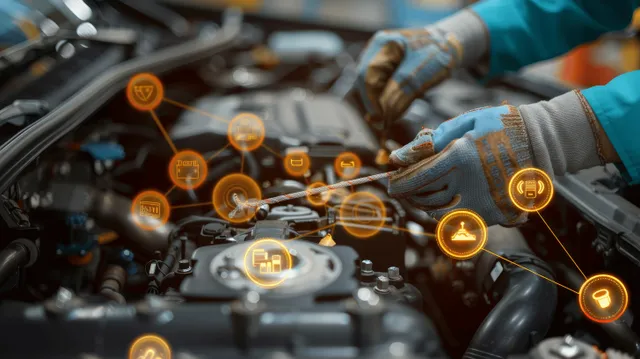 A mechanic checks under the car hood while glowing diagnostic icons highlight engine parts.