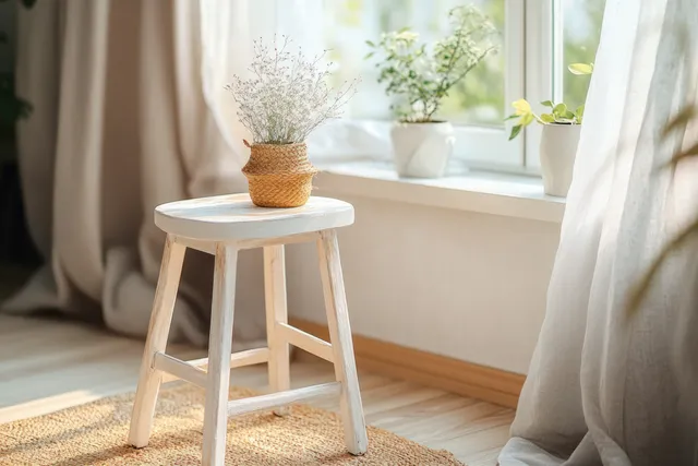 White painted wooden stool stands near a window with soft daylight and curtains.