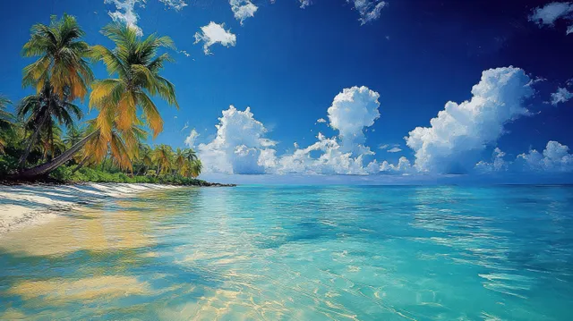 Turquoise ocean waves meet a white sandy beach with palm trees and fluffy clouds under a deep blue sky.
