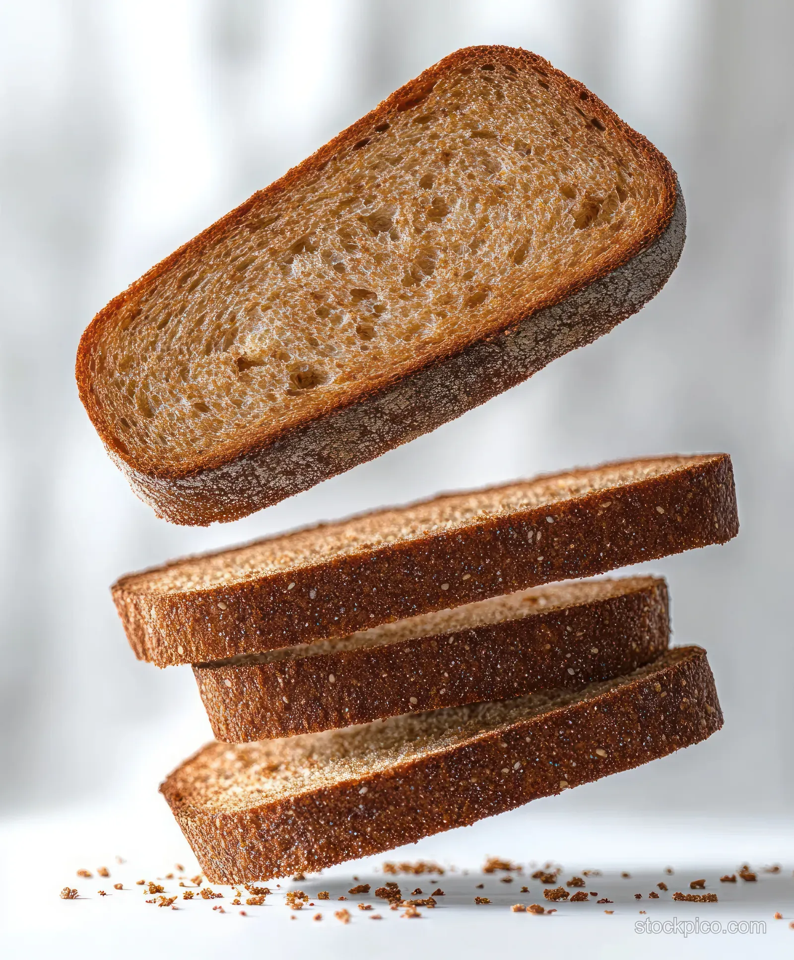Whole wheat bread slices hover mid-air as crumbs fall onto a clean white surface.