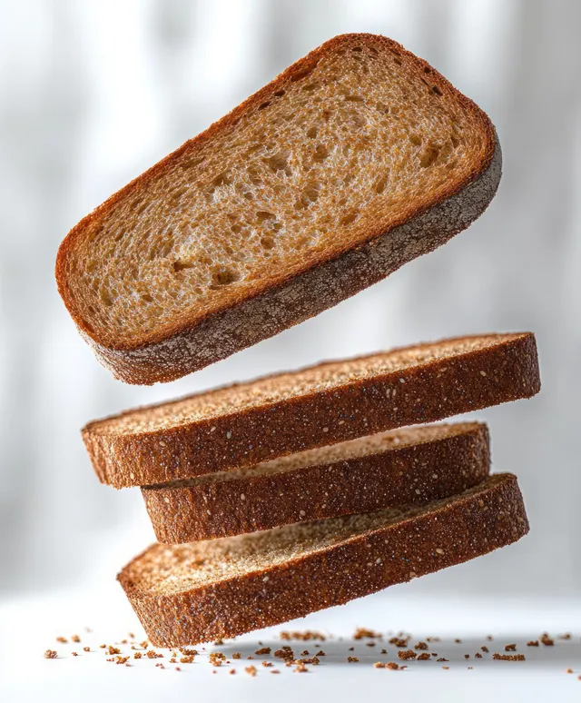 Whole wheat bread slices stacked mid-air with crumbs falling onto a white surface