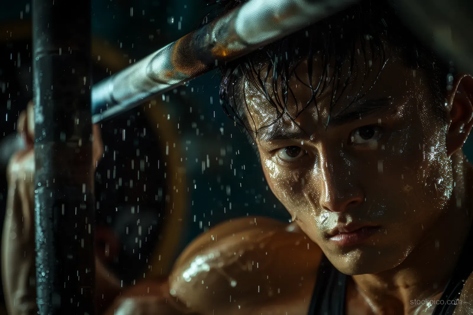 Male weightlifter gripping a barbell in a gritty gym with sweat and motion blur.
