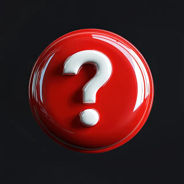 A glossy red circular button with a raised white question mark symbol centered on a dark background.