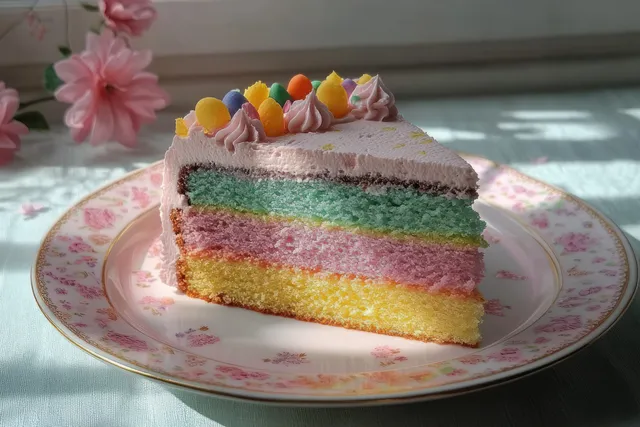 A slice of rainbow layered cake with pink frosting and candy decorations on a floral china plate.