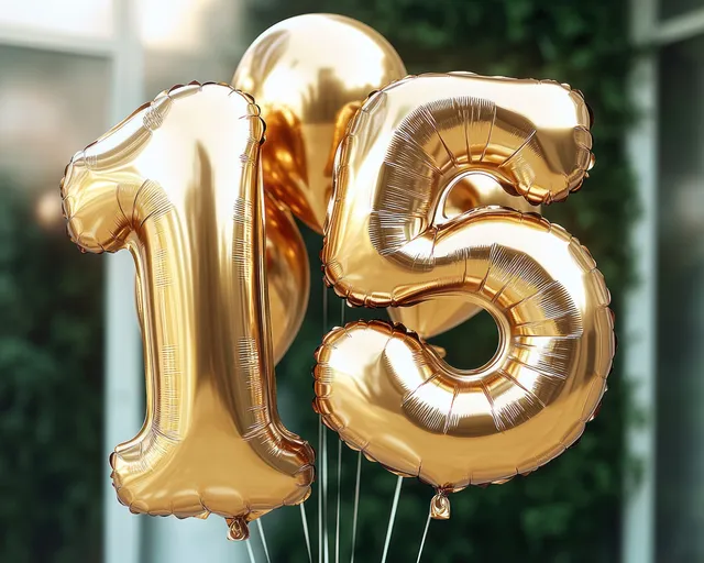 Shiny gold foil number 15 balloons floating indoors with blurred green plants behind them.