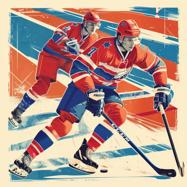 Vibrant retro-style poster showcasing stylized Russian ice hockey players in action on an ice rink with bold colors and vintage typography.