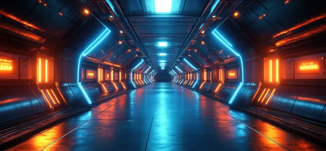 Neon cyberpunk corridor tunnel with glowing geometric panels and steel beams at night