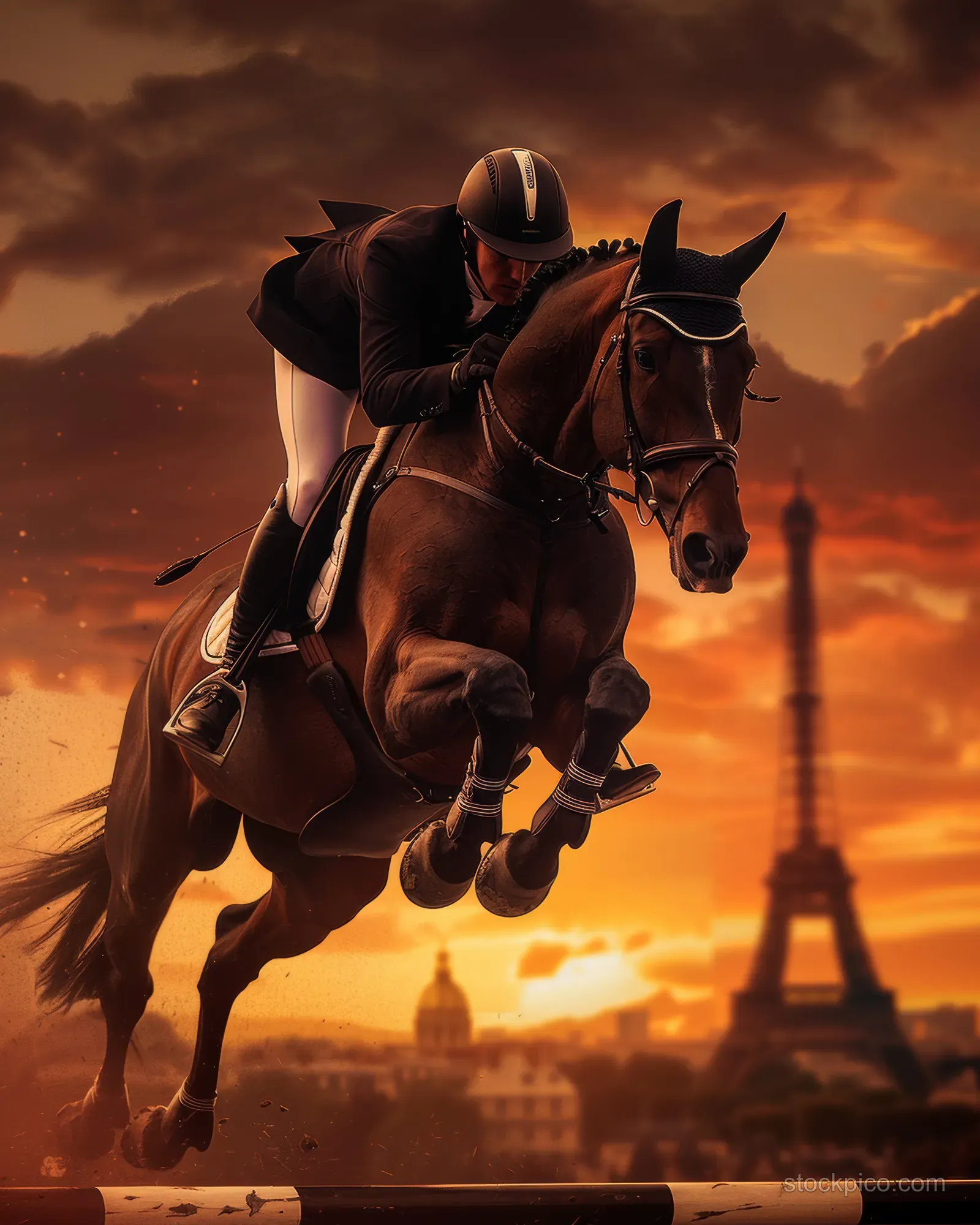 A rider and horse jump over a show jumping obstacle at sunset with the Eiffel Tower in the background.