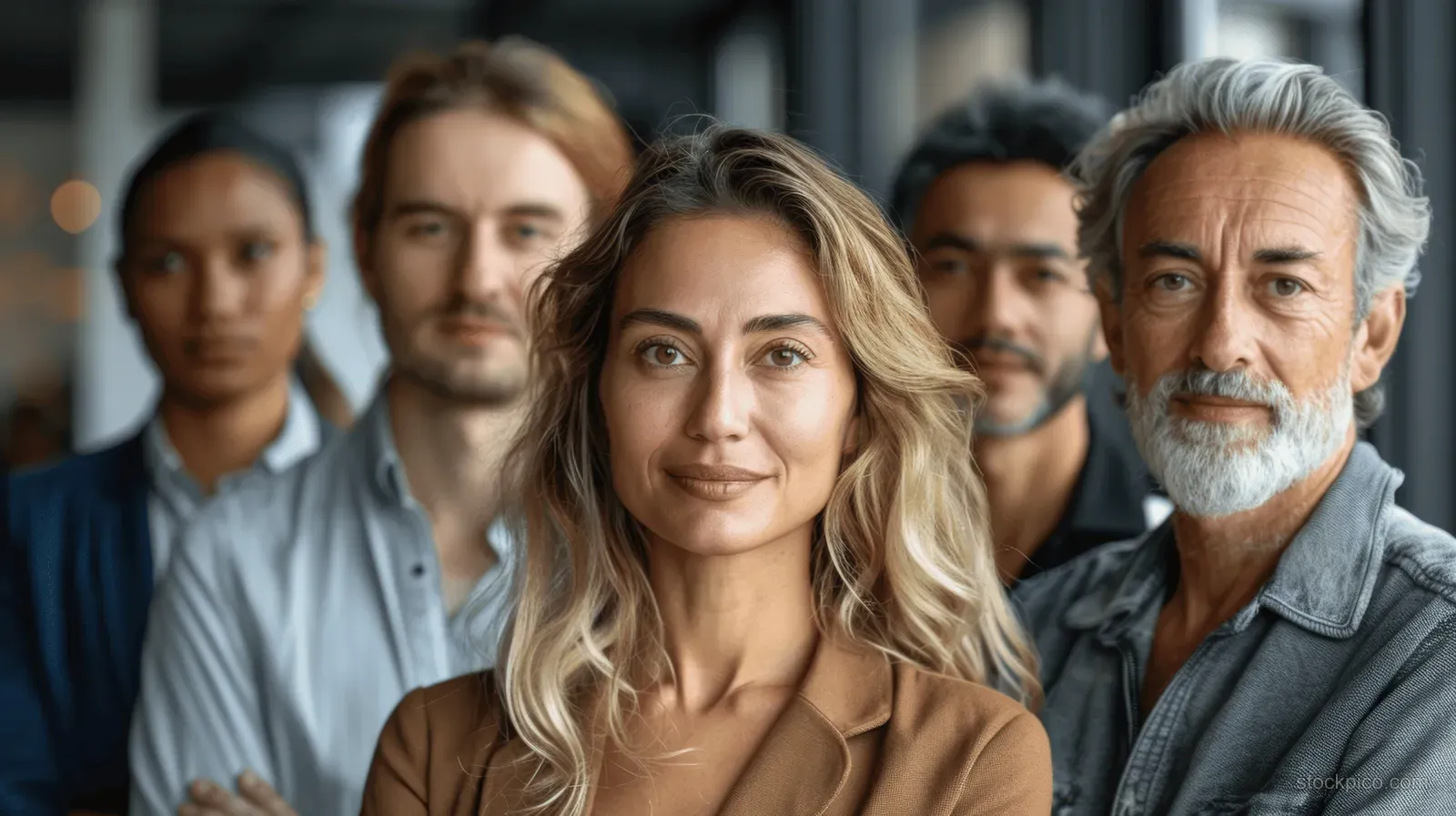A multi-ethnic business team poses and smiles together in a modern office hallway with blurred coworkers behind them.