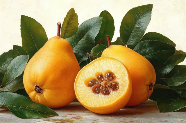 Three ripe yellow quinces with green leaves, one halved to show seeds and juicy texture