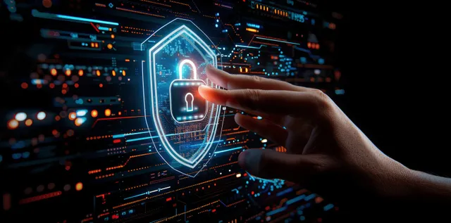 A hand touches a glowing padlock shield on a futuristic security interface with floating network graphics.