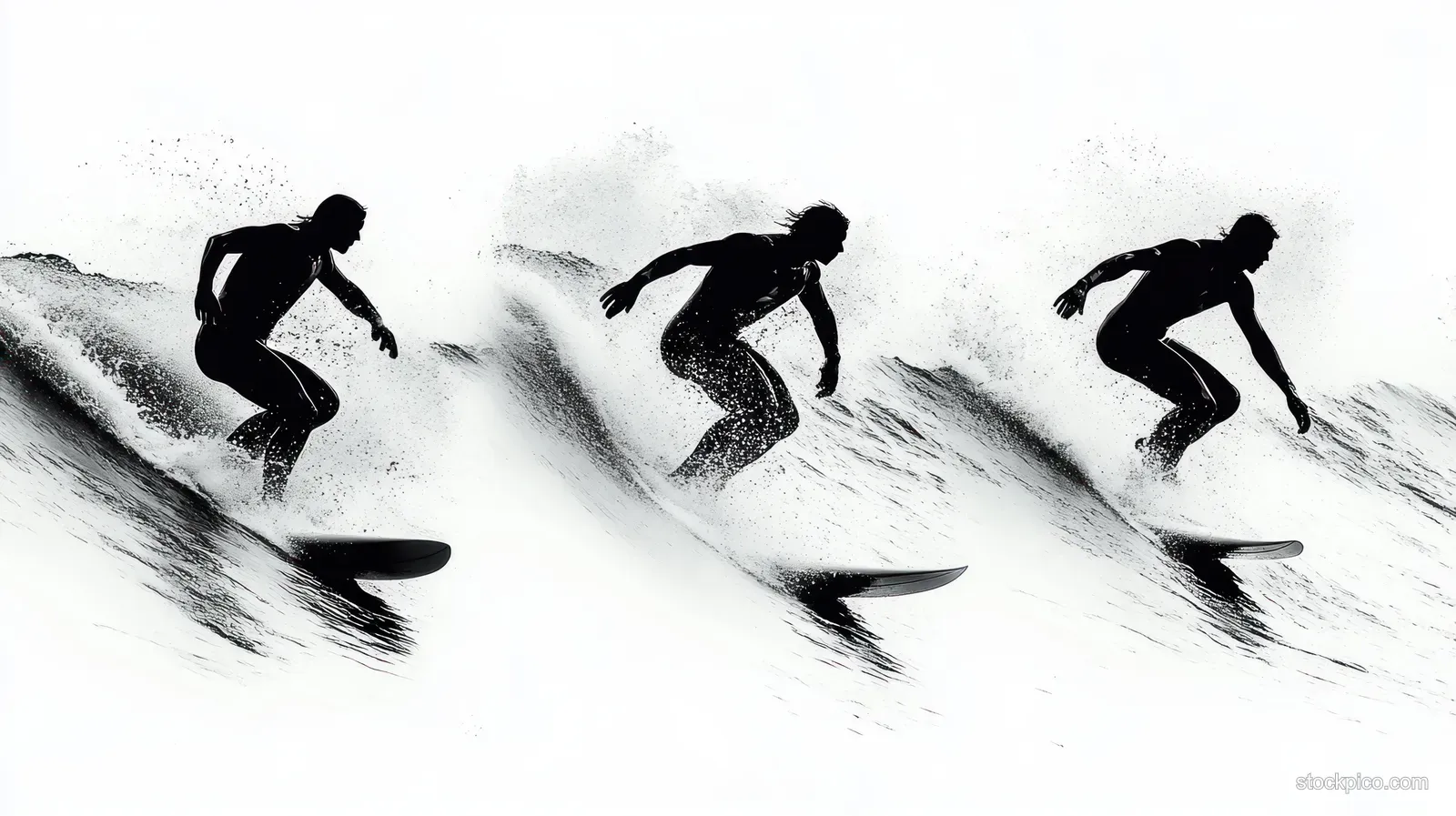 Three silhouetted surfers ride successive wave crests, leaving white spray trails in motion.