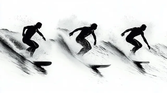 Three silhouetted surfers ride successive wave crests, leaving white spray trails in motion.