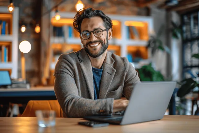 A smiling businessman video-calls on a laptop at his office desk with blurred lights behind him.