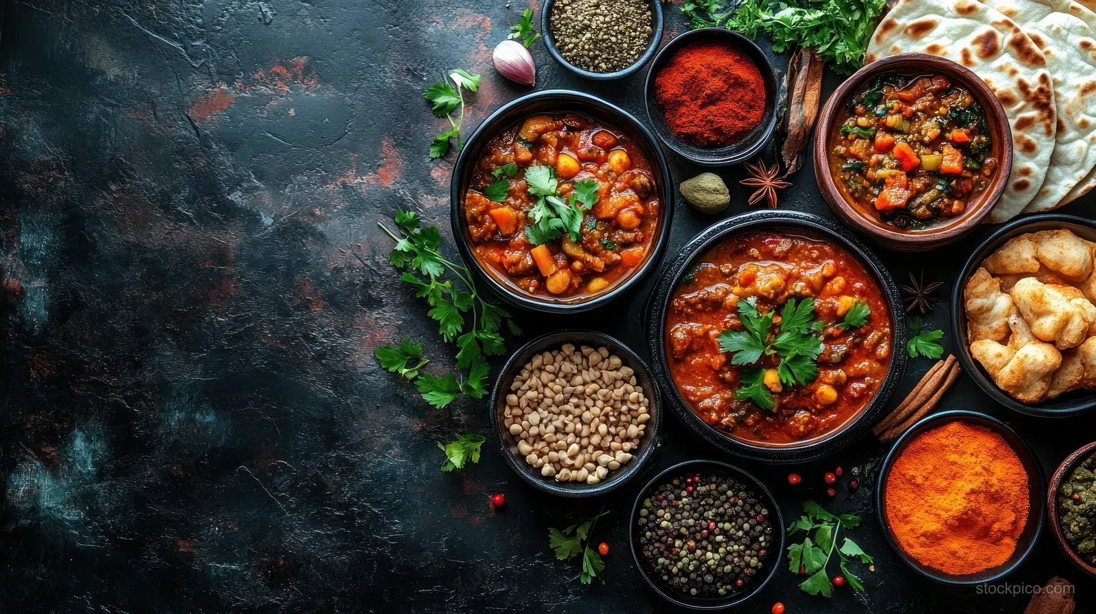 Indian vegetable and chickpea stews in bowls surrounded by spice powders, herbs, and fried snacks on a dark textured background.